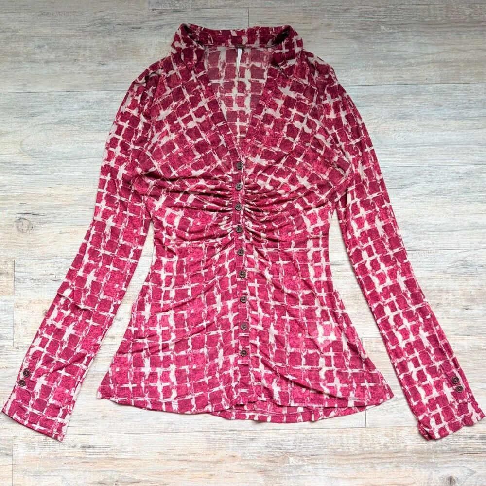 Free People Lucky Shirtee Zinfandel Combo Button Front Ruched Top XS Boho Y2K